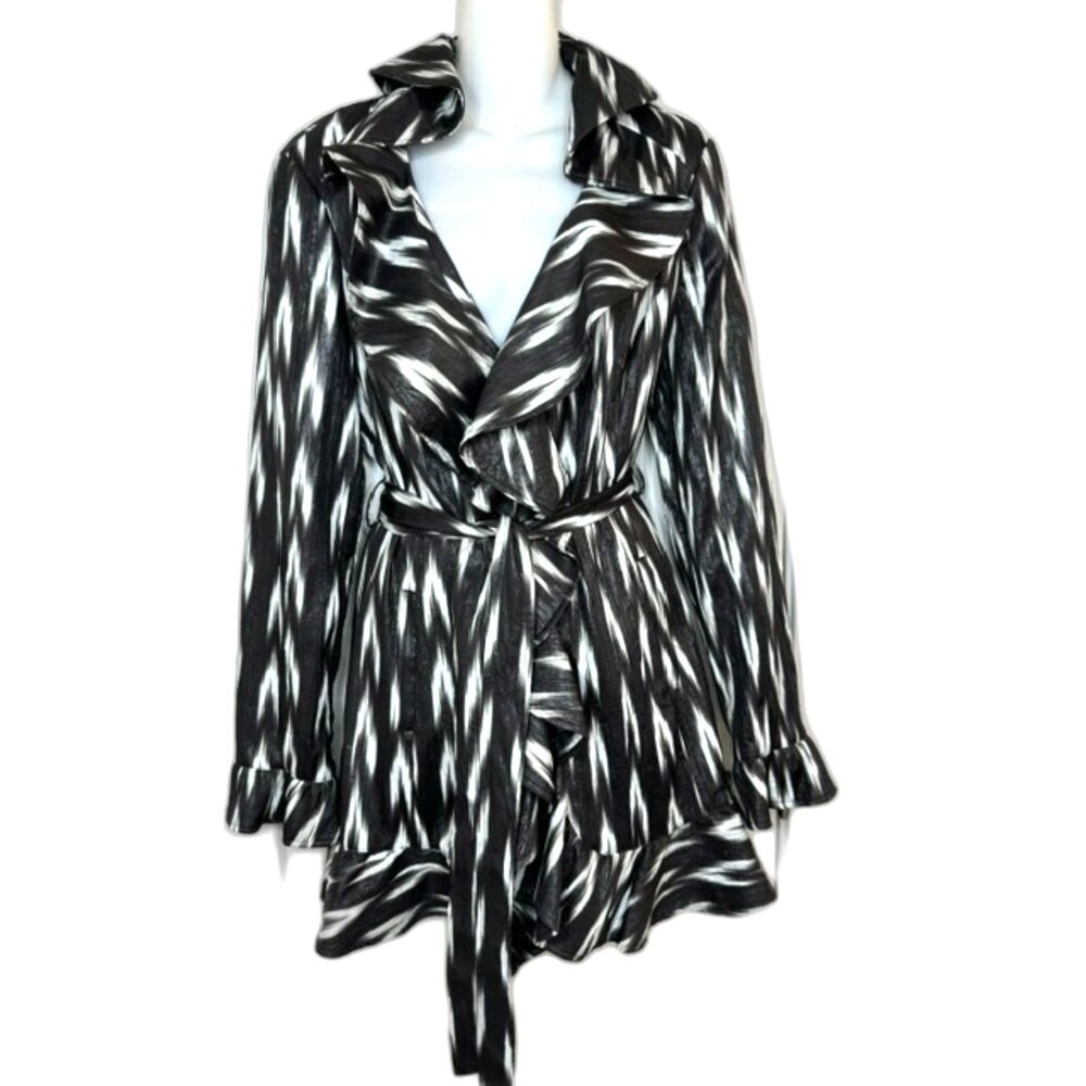 Peter Nygard Abstract Ikat Ruffled Belted Duster Jacket Size 12 NWOT